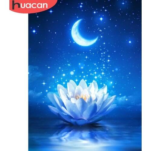 HUACAN Diy Diamond Painting Lotus Cross Stitch Embroidery Moon Flower Fantasy Mosaic Night Floral Home Decor