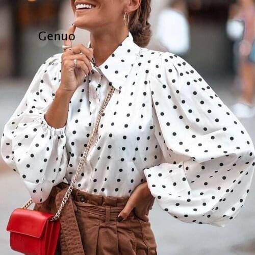 Women Blouses 2021 Autumn Polka Dot Shirt 5XL Long Lantern Sleeve Lapel Neck Elegant Office Ladies Stylish Tops Plus Size