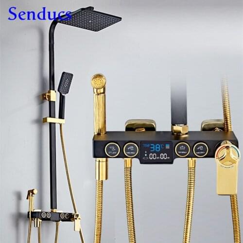 Digital Shower Set Senducs Black Gold Bathroom Shower System Quality Brass Bathtub Mixer Tap Thermostatic Bath Shower Mixer Set