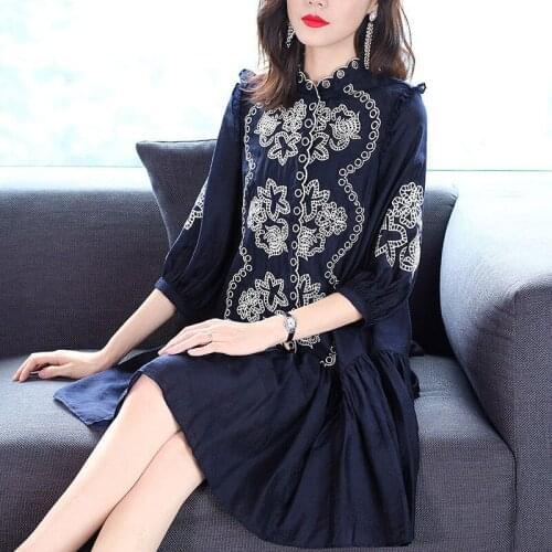 European And American Spring New Fat Sister A-Line Blue Quarter Sleeve Ruffle Chinese Style Embroidered Dress Vestido Vfemage