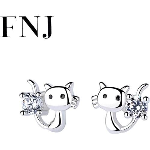 FNJ Animal Cat Earrings 925 Silver Jewelry Original Pure S925 Sterling Silver Stud Earring for Women White Zircon