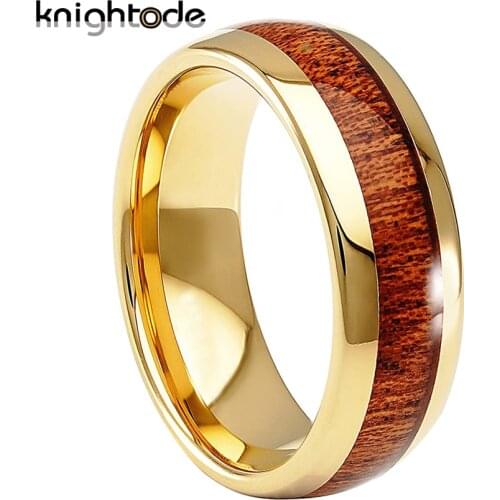 Real Wood Inlay 8mm Gold Tungsten Carbide Wedding Band Men Women Rings Jewelry Gift Dome Polished Comfort Fit