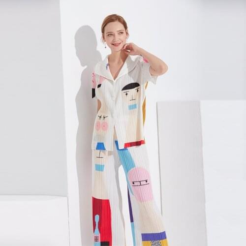 Miyake Pleated two piece set summer plus size women clothing t shirts for women long Straight Pants two piece outfits TP5058