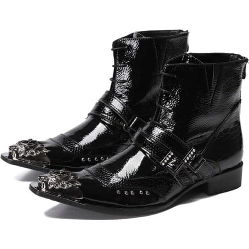 Luxury Patent Leather Men Boots Metal Pointed Toe Lace Up Ankle Boots Europe America Trendy Mens Leisure Party Dress Boots 37-46