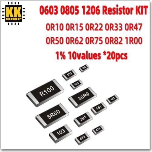 200pcs/lot 0603 0805 1206 Chip Resistor KIT Low Resistance 0.01R~1R 10values * 20pcs 1% Precision Resistor Amostras