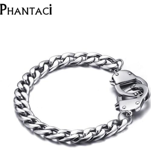 No Fade Cool Men Handcuffs Bracelet Stainless Steel Link Chain Bracelets Jewelry Mens Charm Wrap Bracelet