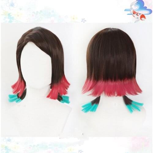Anime Enmu Anime Demon Slayer Kimetsu No Yaiba Cosplay Wig Cosplay Short Synthetic Hair Halloween Party + Wig Cap