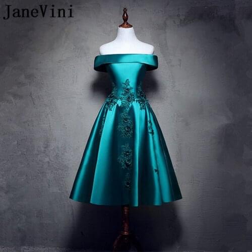 JaneVini Tea-Length Off Shoulder Mother Of The Bride Dresses With Lace Flowers Women Wedding Evening Formal Gowns Satin A Line