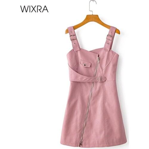 Wixra Womens PU Leather Dress High Street Zipper Sleeveless Spaghetti Strap Sexy Club Short Dresses Summer Autumn