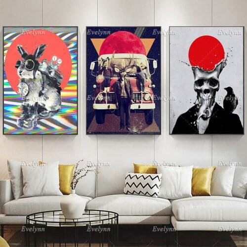 Skull Art Posters,Funny Animal Deer And Car Art Rabbits And Diving Home Living Room Decor Prints Wall Art Canvas Unique Gift