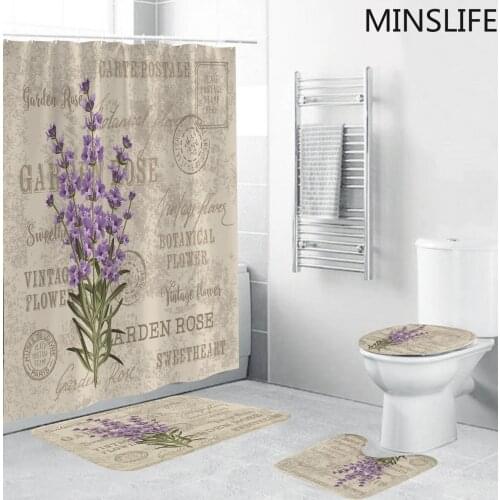 Purple Lavender Print Shower Curtain Sets Flowers Bathroom Curtains Sets Anti-skid Rugs Toilet Lid Cover Mat Home Decor