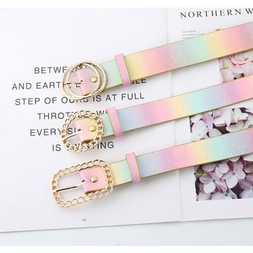 New Circle Pin Buckle Rainbow Gold Powder Womens Belt Simple Fashion Jeans Dress Decoration 105cmPU Double Circle Buckle Belt