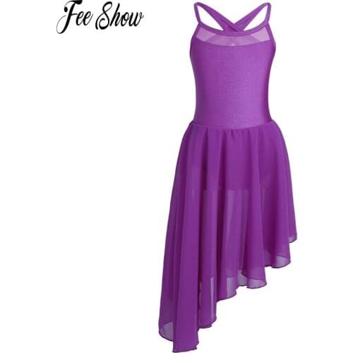 Girls Mesh Splice Ballet Dress Spaghetti Shoulder Straps Cutout Back Irregular Hem Ballet Dance Gymnastics Leotard Tutu Dresses