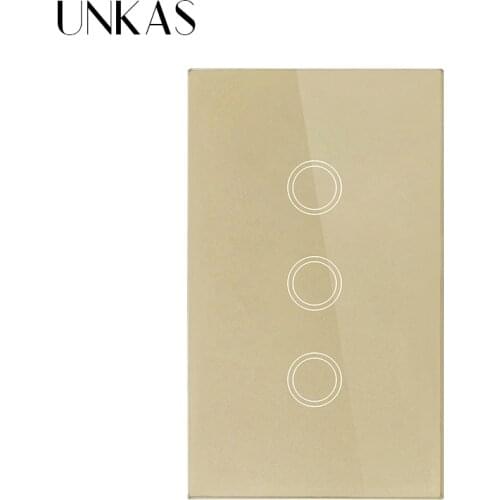 UNKAS US Standard Smart Switch 3 Gang 1 Way Touch Sensor Switch power Luxury Crystal Glass Single Fire Line Wall Light Switch