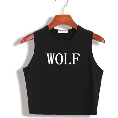 WOLF Letter Print Women Crop Top Summer Cotton Sexy Slim Hipster For Girl Funny Tee Short Vest Whtie Black HH305-130