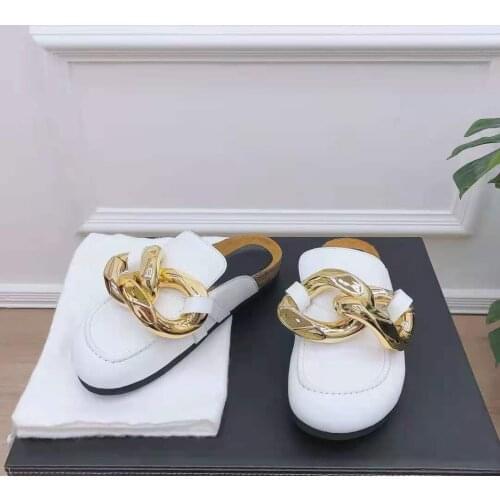 Womens Shoes Chain Loafer Mules White Genuine Leather Gold Chain Real Photos