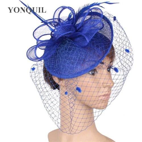 Royal Blue Elagant Sinamay Fascinators Feather Accessories Loops Hats Bridal Wedding Veils Headdress Ladies Fedora Cap SYF287