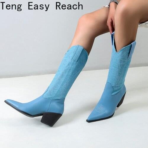 Lady Knee High Boots Spring Autumn Slip on Square High Heel Western Knight Boots Female Winter Splice Embroidered Womens Shoes