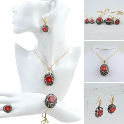 2021 Jewelry Set Natural Red Stone Zircon Party Women Costume Accessories Pendant Necklace Earrings Ring Luxury Gift Gold Color