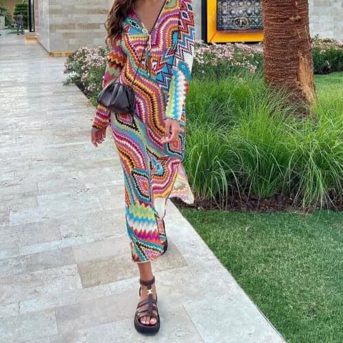 Beach Color Print Dress Sexy Fashion Bodycon Vintage Fashion Dresses Summer 2021 Long Sleeve V Neck Lace Up Split Dress Women