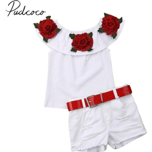 2019 Baby Summer Clothing Toddler Girl Floral Off-Shoulder Ruffled Top+ Sash Denim Ripped Shorts Embroidery 2Pcs Outfits 1-7T