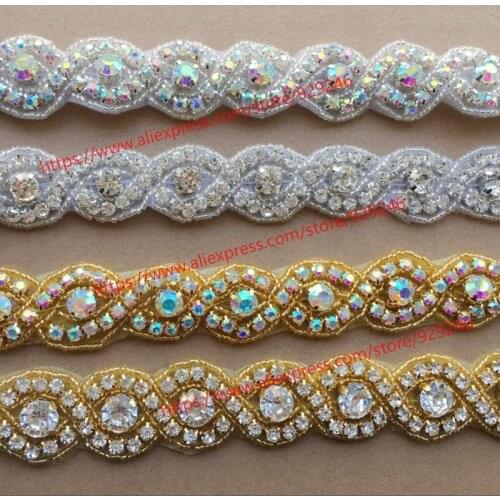 88cm/lot shiny gold AB clear crystal rhinestone chain silver applique trims hotfix for hair band shoes dress coat decoration