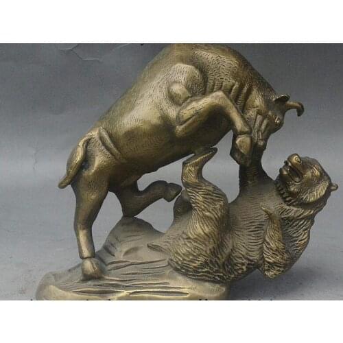 9" Rare China FengShui Bronze Wealth Strong Bull Ox Fight With Brown bear Statue