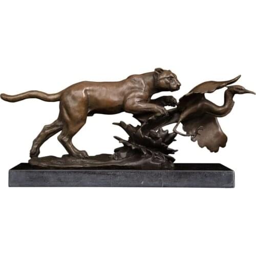 Bronze Leopard Hunting Bird Prey Statue Animal Sculpture Art Hot Casting Wildlife Panther Figurines for Decoration