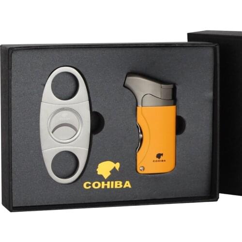 COHIBA Cigar Lighter Cutter Gift Set Kit Splitter Accessories Set Gas Lighters Sharp Cigar Cutter Set with Gift Box