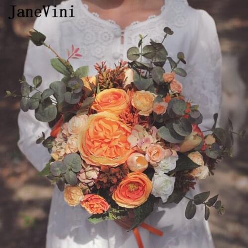 JaneVini Vintage Orange Silk Rose Bridemaid Bouquet Mariage Wedding Flowers Artificial Bridal Fake Bouquet Bloemen Bruiloft 2019