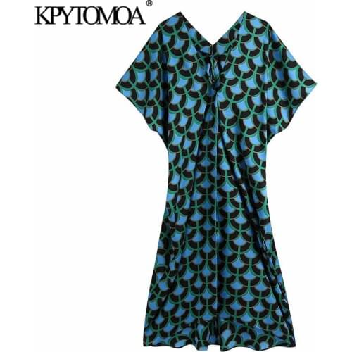 KPYTOMOA Women 2021 Fashion Pleated Asymmetric Printed Midi Tunic Dress Vintage V Neck Short Sleeve Female Dresses Vestidos