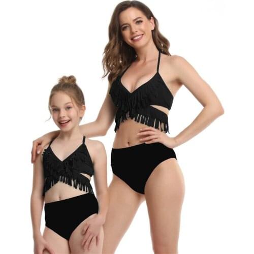 High Waist Parent Child Swimsuit Tassel Bikini Set 2021 Push Up Swimwear Women Sexy Bathing Suit Girl Swim Suit Halter Beachwear
