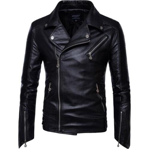 Mens leather jacket slim motorcycle coat Long sleeve jackets Multiple zipper clothes personalized stage street fashion black