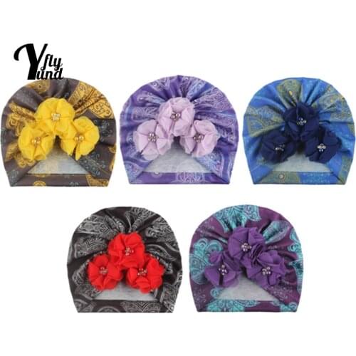 Yundfly 17*18 CM Soft Comfortable Baby Girls Turban Hat Hand Sewing Beads Flowers Newborn Caps Print Headwear Hair Accessories