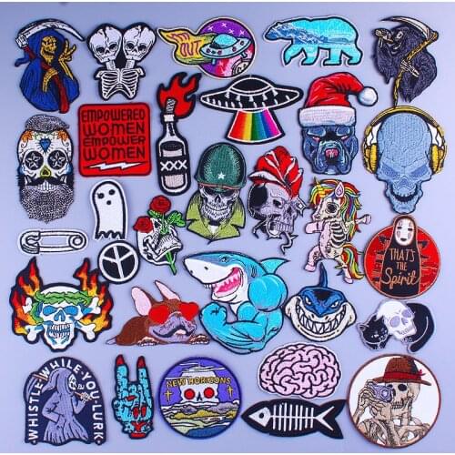 Skull Punk Patch On Clothes Grim Reaper Iron on Embroidered Patches For Clothing DIY Hippie Stripes Applique Shark Unicorn Badge