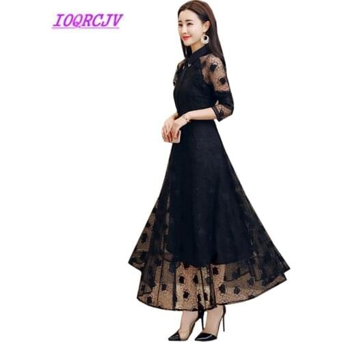 Spring New Black dress Womens autumn Fashion temperament Slim Lace dress High quality Pleated Ladies' Long dress IOQRCJV B117