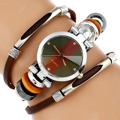 New Genuine Leather Watch Women Triple Bracelet Wristwatch Italian Style Green Coffe Stripes Fashion Reloj Para Dama Watch