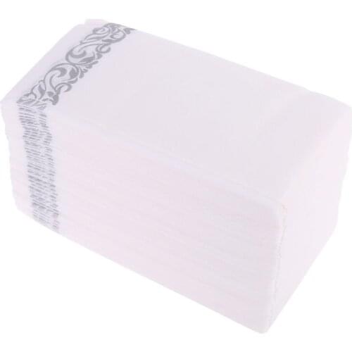 Disposable Linen-Feel Guest Towels - Decorative White Hand Towels, Silver Floral Cloth-Like Paper Napkins