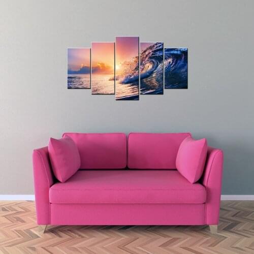 Best Gift 5 Panel Modern Artwork Blue Sea Waves Painting Prints on Canvas Sunset Sea Wave Wall Art Decor for Living Room Bedroom