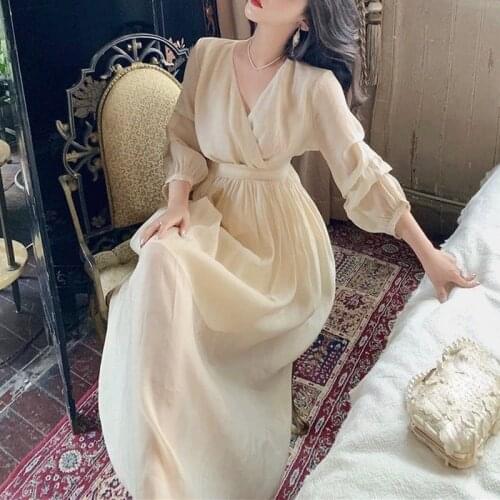 2021 Autumn Elegant Vintage Midi Dress Women Sweet Evening Party One Piece Dress Korean Casual Long Sleeve Pure Color Dress Lady