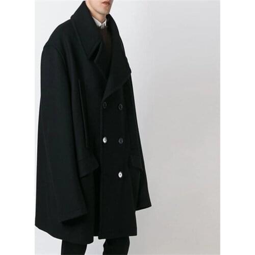 Mauni Mens coat super loose oversize coat mid-length double-breasted large lapel black