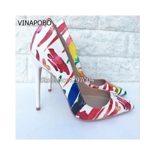 Luxury Women Pumps Pointy Toe Gladiator Sandals Graffiti Print Dress Wedding Shoes Woman Leather Single Shoes Stiletto High Heel