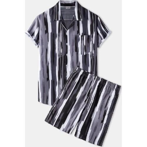 Vintage Striped Beach Shirts Set Men Casual Short Sleeve Hawaiian Shirt and Shorts Two Piece Suits Men Set Camisa Masculina XXXL