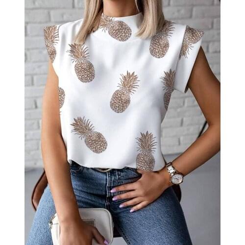 Women Shirt Short Sleeve Stand Collar Print Top Summer Fashion Tops for Shopping Daily Wear