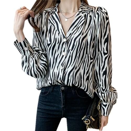 New Women spring summer zebra-striped Lady Elegant Fashion loose tops full-sleeve Chiffon shirts
