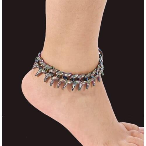Free Shipping Hip Hop 245mm Bling Heavy Iced Out Cuban Thorns Link Chain Anklet Bracelet For Women Beach Accessories Gift