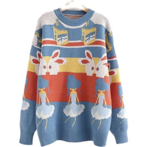 Cartoon Embroidery Full Sleeve Casual Pullover Knitted Sweaters Women 2020 Winter O-neck Sweet Style Ladies Warm Pullover Tops