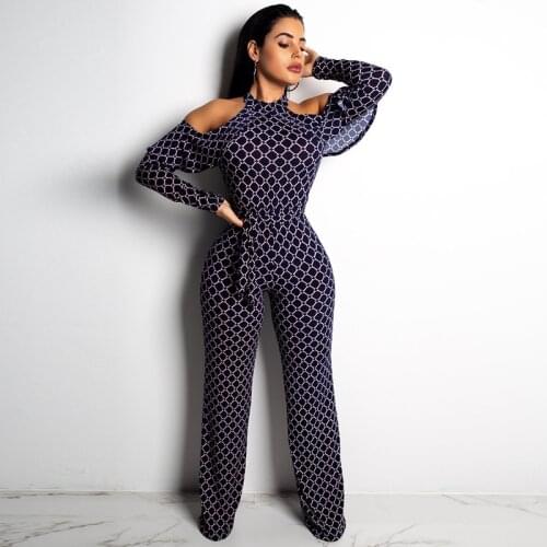 Ruffle Design Party Sexy Female Jumpsuit Print Long Sleeve Waist Belt Overalls Elegant Maxi Romper Wide Leg Pants Celebrity 2018