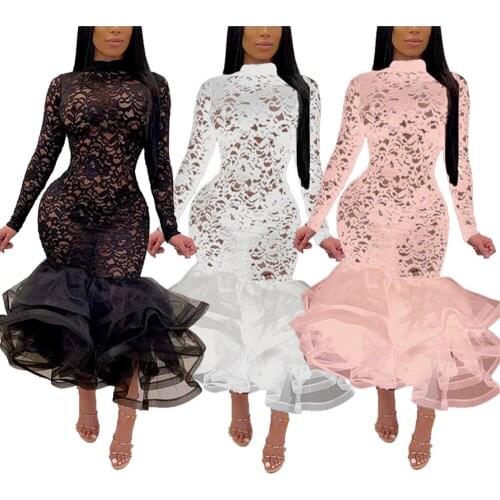 CACARE Sexy Dress Women Full Mesh Lace Mid-long Party Dress Girls CHEAPEST F0552 Long Sleeve Sheer Hem