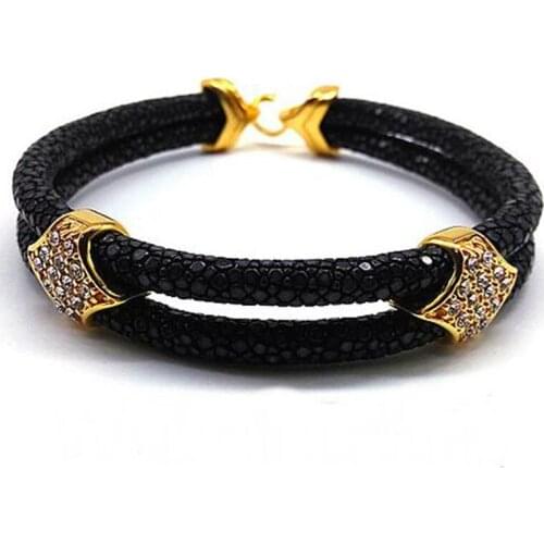 10pcs)Fashion Two Layer Genuine Thailand 5mm Purple Stingray Leather Bangle with CZ Stone Silver Buckle Jewelry